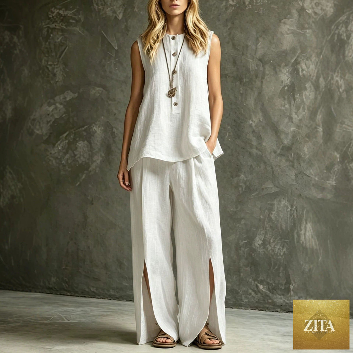 Zita La Belle Elite women's casual two-piece set with sleeveless tank top and wide-leg slit pants, in neutral fabric.
