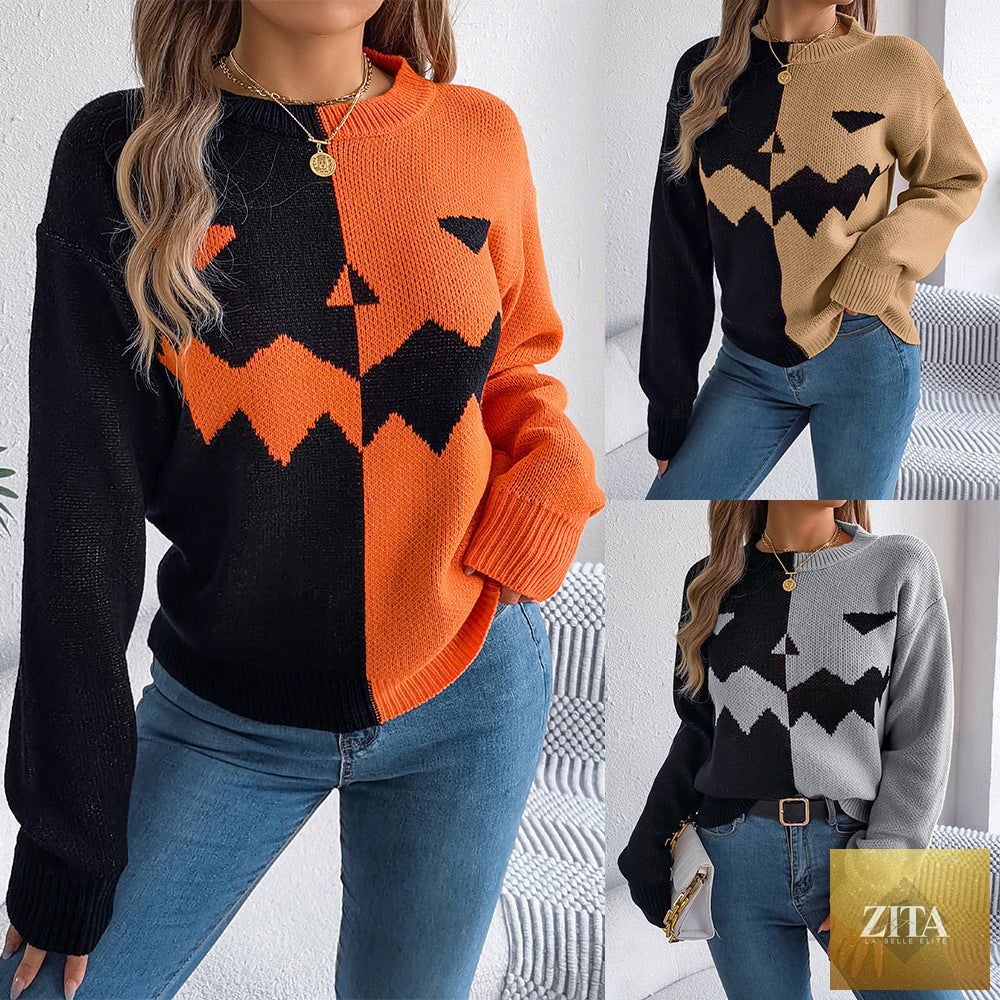 Women’s spooky pumpkin contrast long-sleeve sweater by FitiqueFit, featuring Halloween-themed pumpkin design on streetwear pullover.