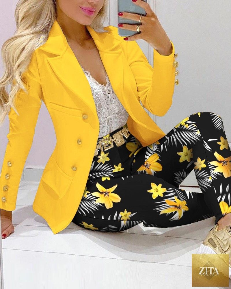 Zita La Belle Elite women's printed coat and trousers two-piece set with casual style and vibrant 19 prints.