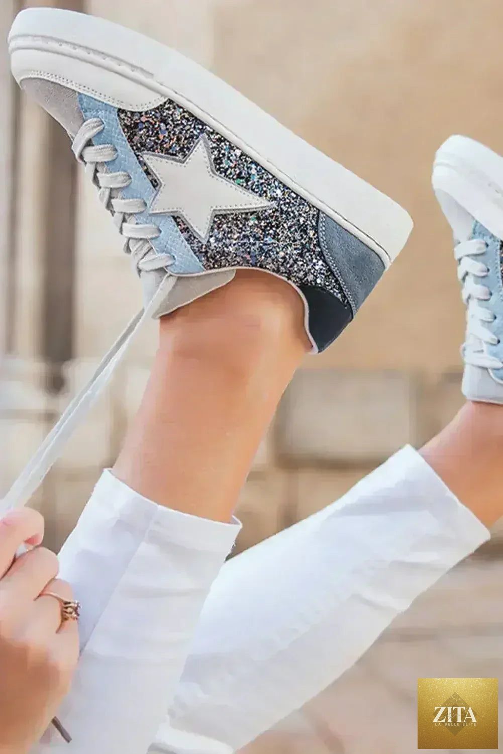Silver sequin star sneakers by Femstylo with glitter lace-up design, perfect for stylish night out or statement footwear.