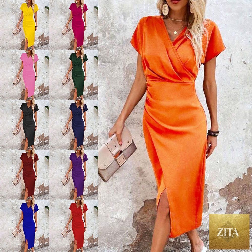 Zita La Belle Elite split V-neck bodycon dress featuring a slim fit, short sleeves, and a front slit for a stylish look.