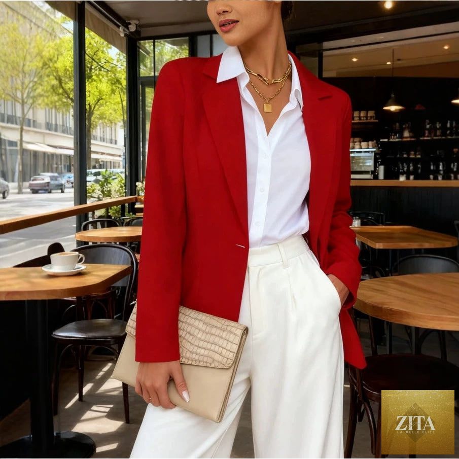 Women's slim fit blazer with lapel collar and long sleeves, featuring a waist-cinched design by FitiqueFit.