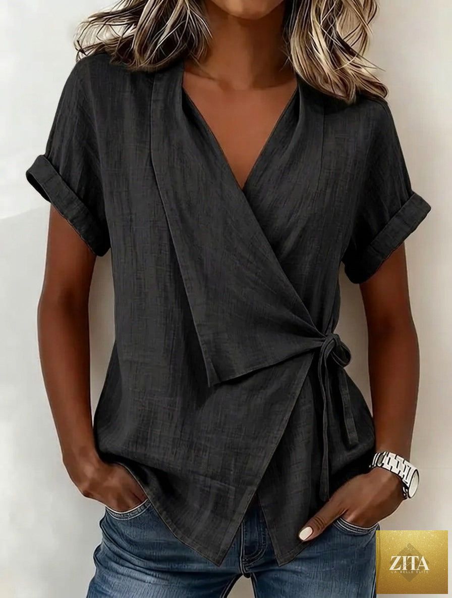 Women's casual linen top with lapel collar and lace-up front, short sleeves, by Zita La Belle Elite.