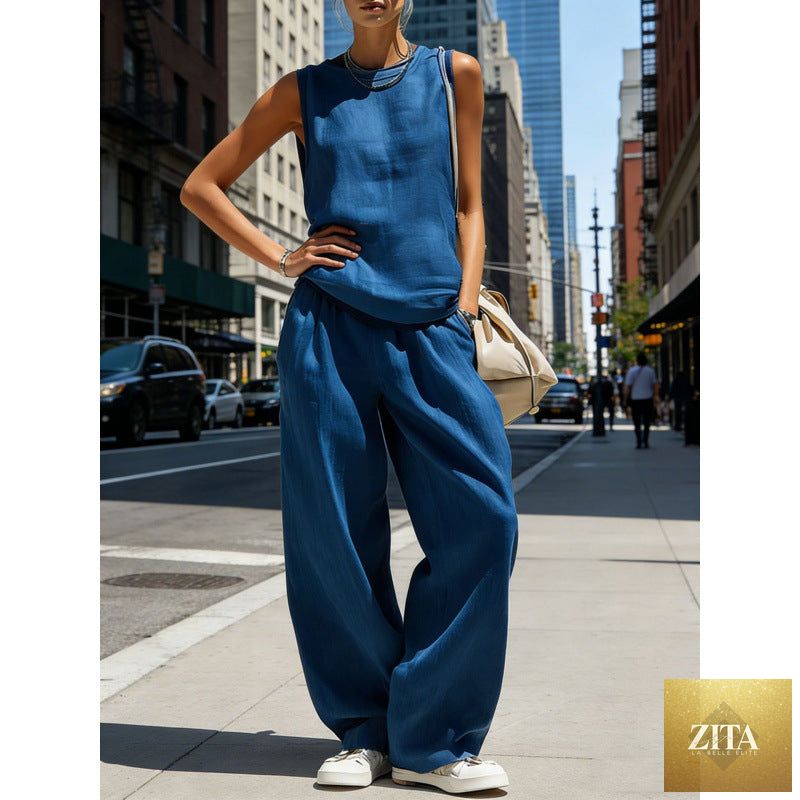 Zita La Belle Elite women's sleeveless cardigan top and pants two-piece casualwear set, stylish and comfortable for everyday wear.