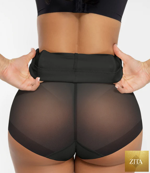 High-waisted sculpting tummy-control shorts in black, designed for shaping and support, from the wholesale collection.