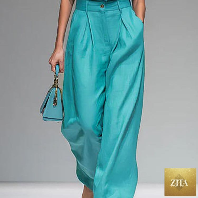 Women’s sleeveless vest and wide-leg pants casualwear set by Zita La Belle Elite, featuring a stylish sleeveless vest and flowing wide-leg pants.