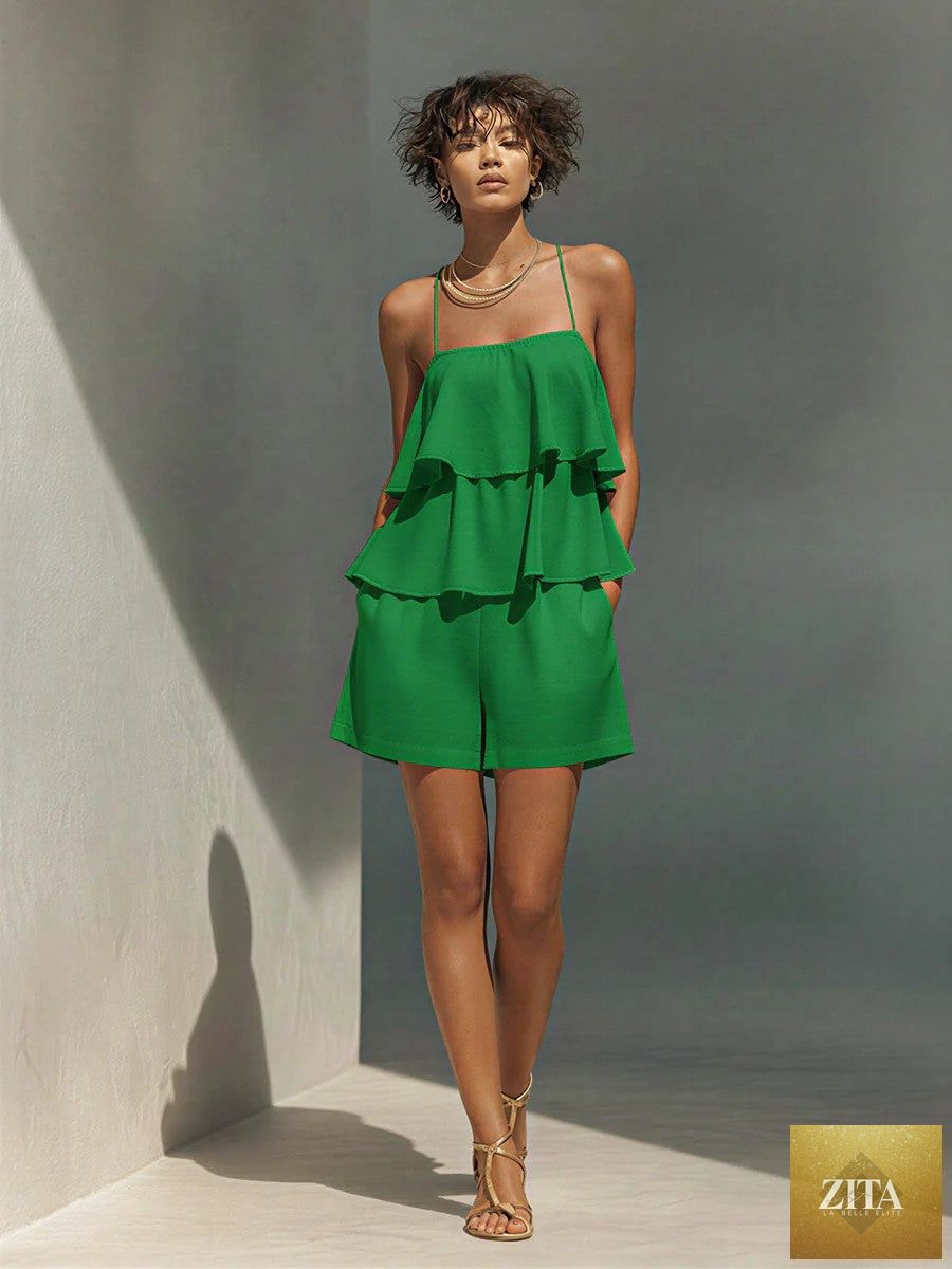 Women's multi-layer ruffle camisole and shorts set by Zita La Belle Elite, casualwear with feminine ruffle details.