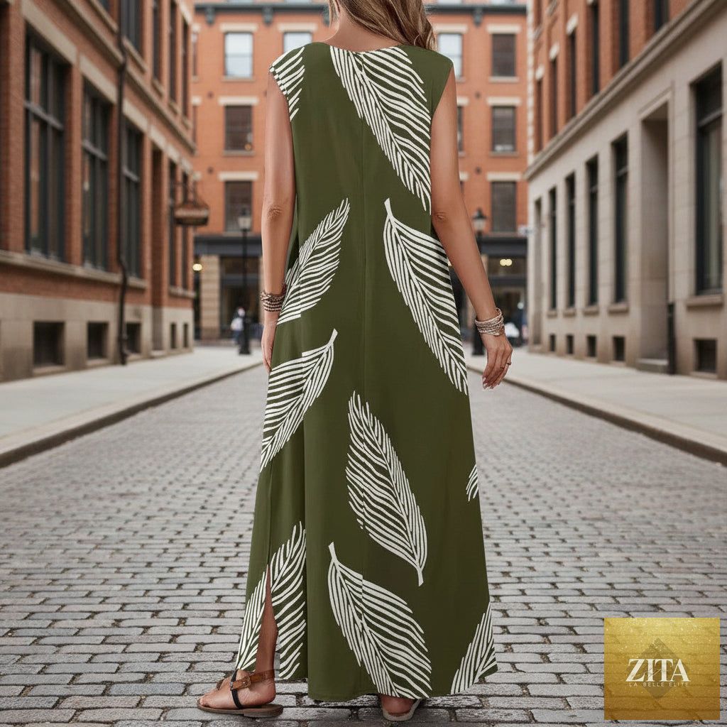 Printed V-neck sleeveless high-waist maxi dress by FitiqueFit in three colors, flowy design with a stylish V-neck and sleeveless cut.