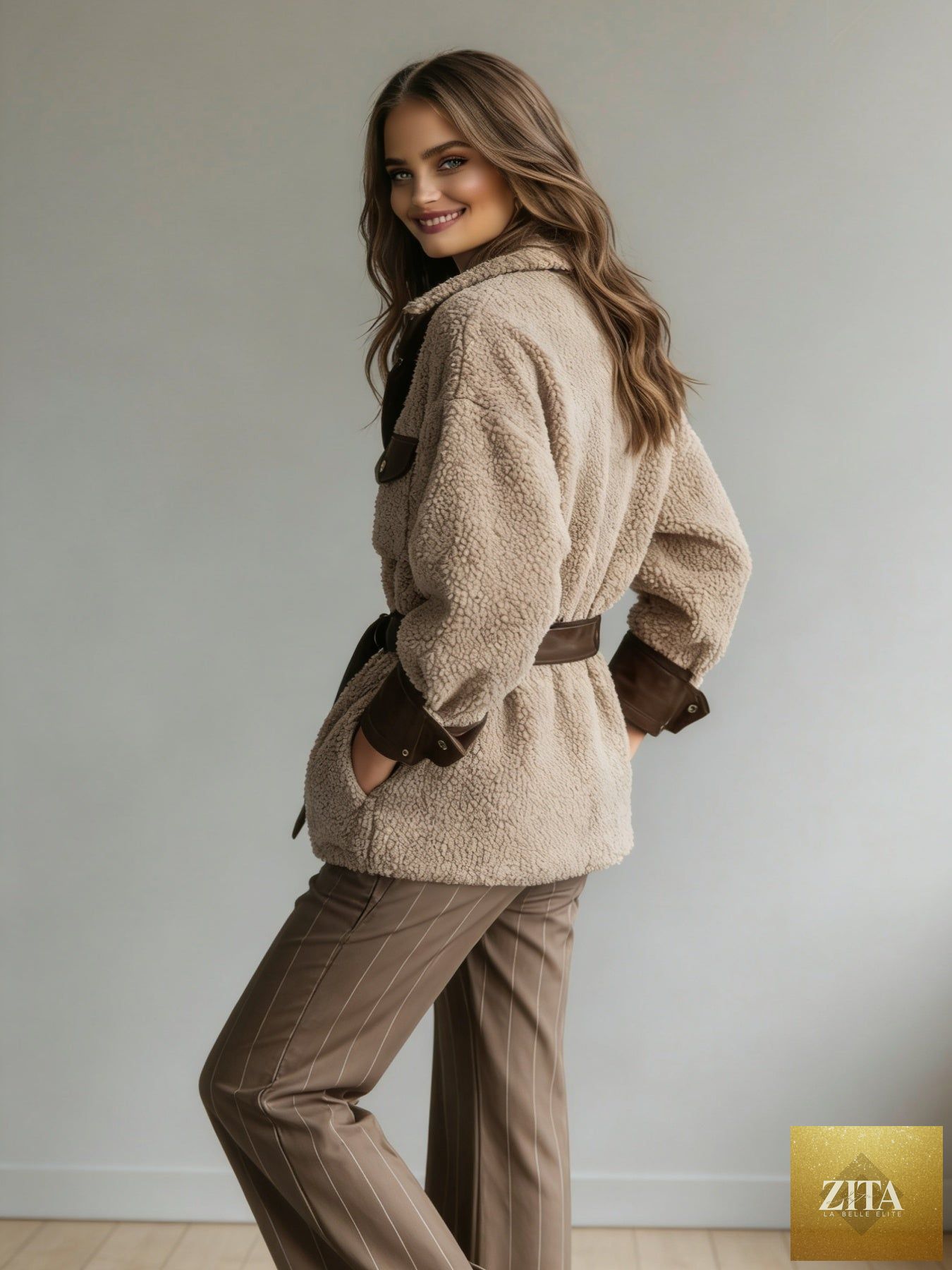 Women’s vintage PU leather jacket by FitiqueFit with lamb fur lining, perfect for autumn winter, stylish outerwear for women.