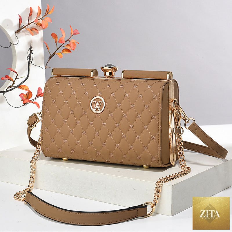 Social Buzz eSIMs diamond-quilted shoulder bag with premium textured fabric and stylish design.