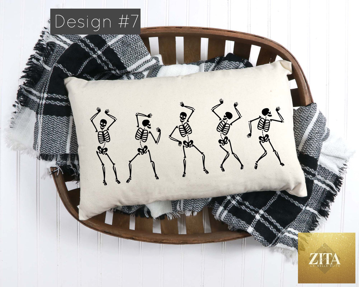 Cotton and Crate 12x20 pillow cover featuring five dancing skeletons design on soft fabric for halloween décor.