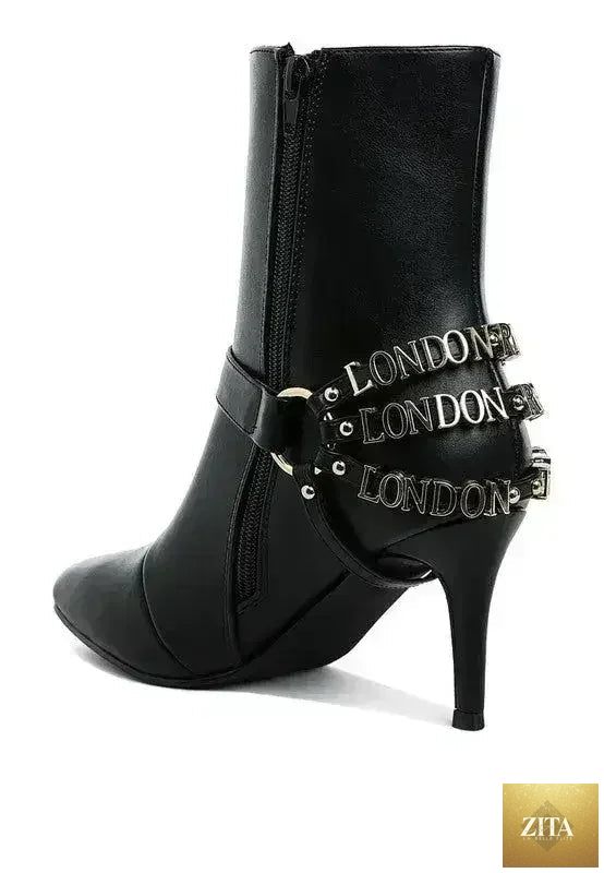 Femstylo buckle harness stiletto boots with 3-inch heels, stylish footwear featuring buckle details and sleek design.