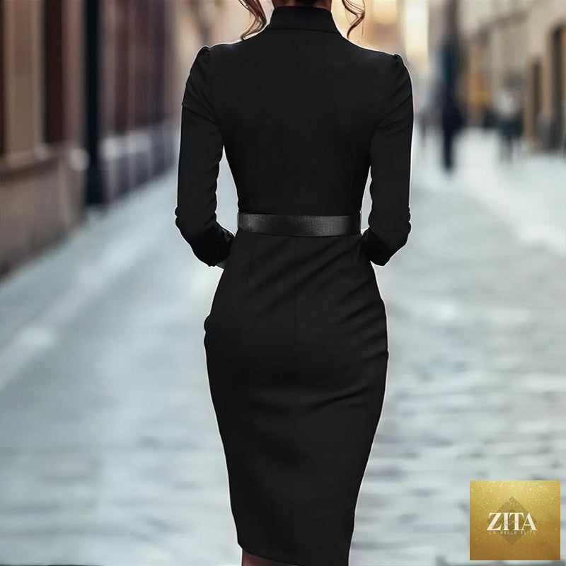 Women’s black FitiqueFit bodycon midi dress showcasing a fitted casualwear style on a model.