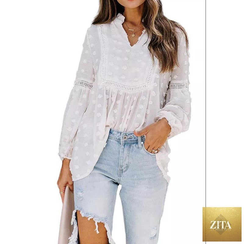 Women's long-sleeve V-neck business casual blouse by FitiqueFit, shown in a stylish, comfortable casualwear design.