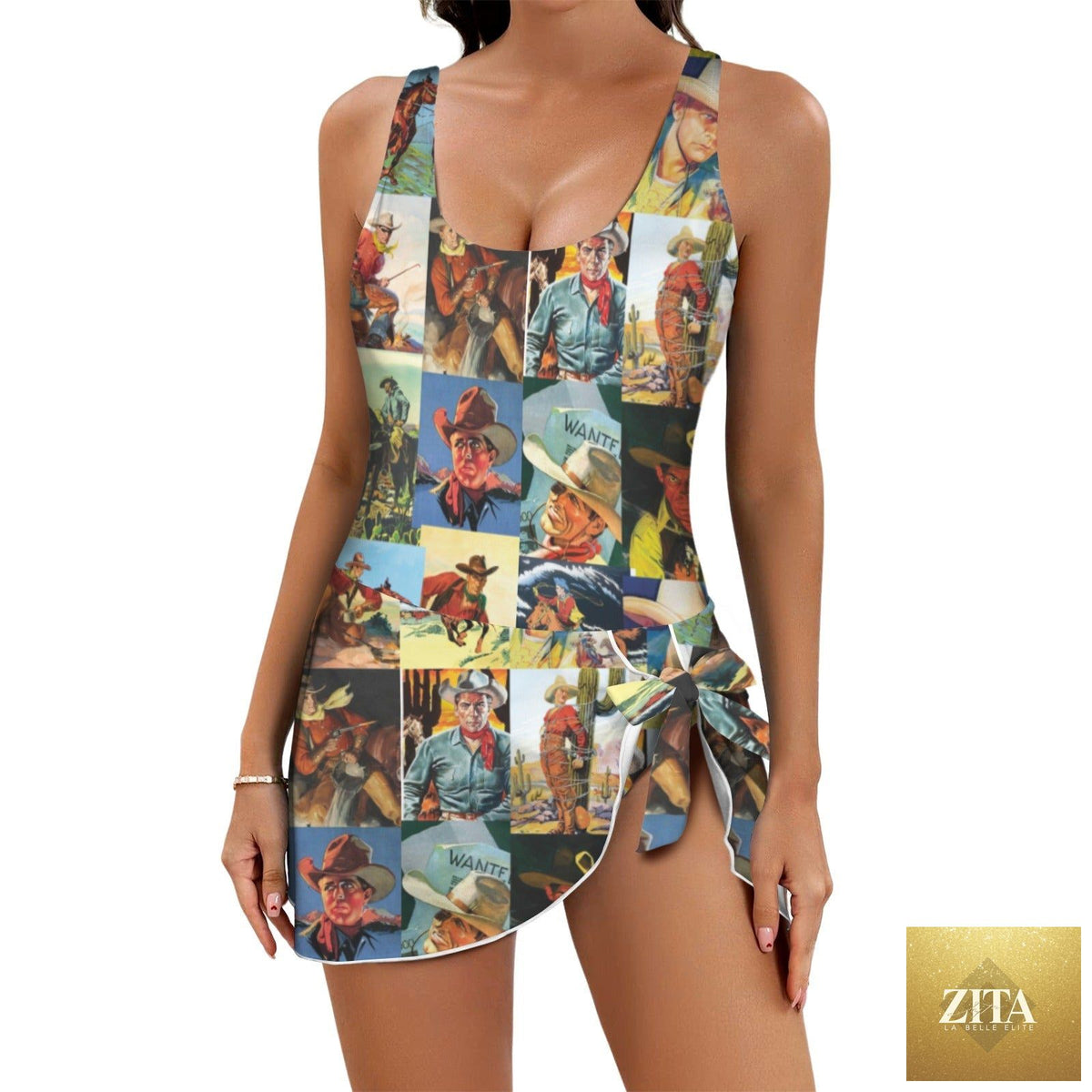 Vintage cowboy-style swimsuit by Baha Ranch Western Wear, one-piece suit with skirted design and western-inspired details.