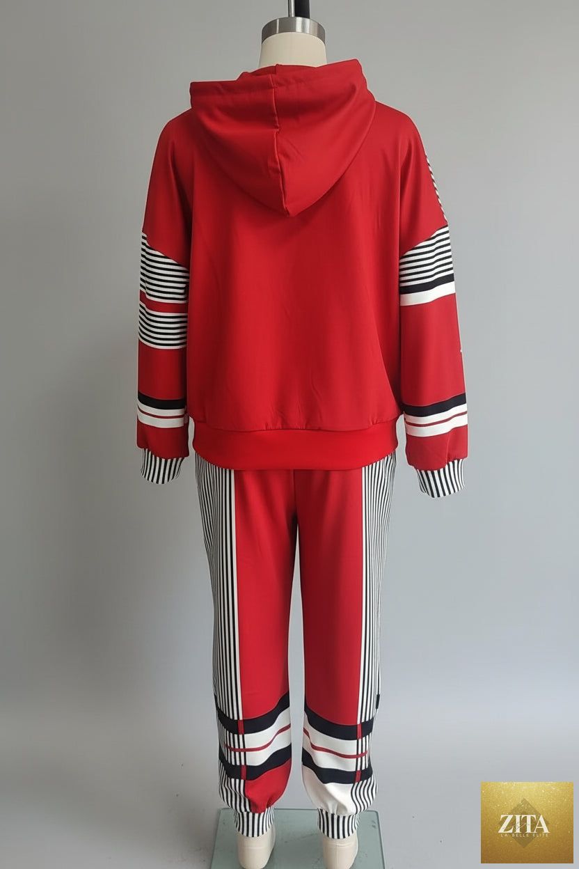 Women's Oversized Color-Block Stripe-Panel Hoodie & Jogger Pants Tracksuit Set