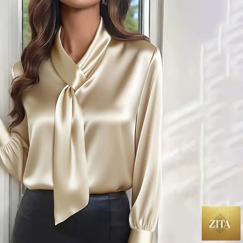 Women's lightweight casual blouse with ribbon details by FitiqueFit, ideal for business casual or everyday wear.