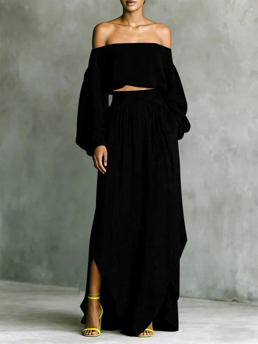 FitiqueFit women's off-shoulder top and asymmetrical maxi skirt set, casualwear with stylish, flowing fabric and trendy design.