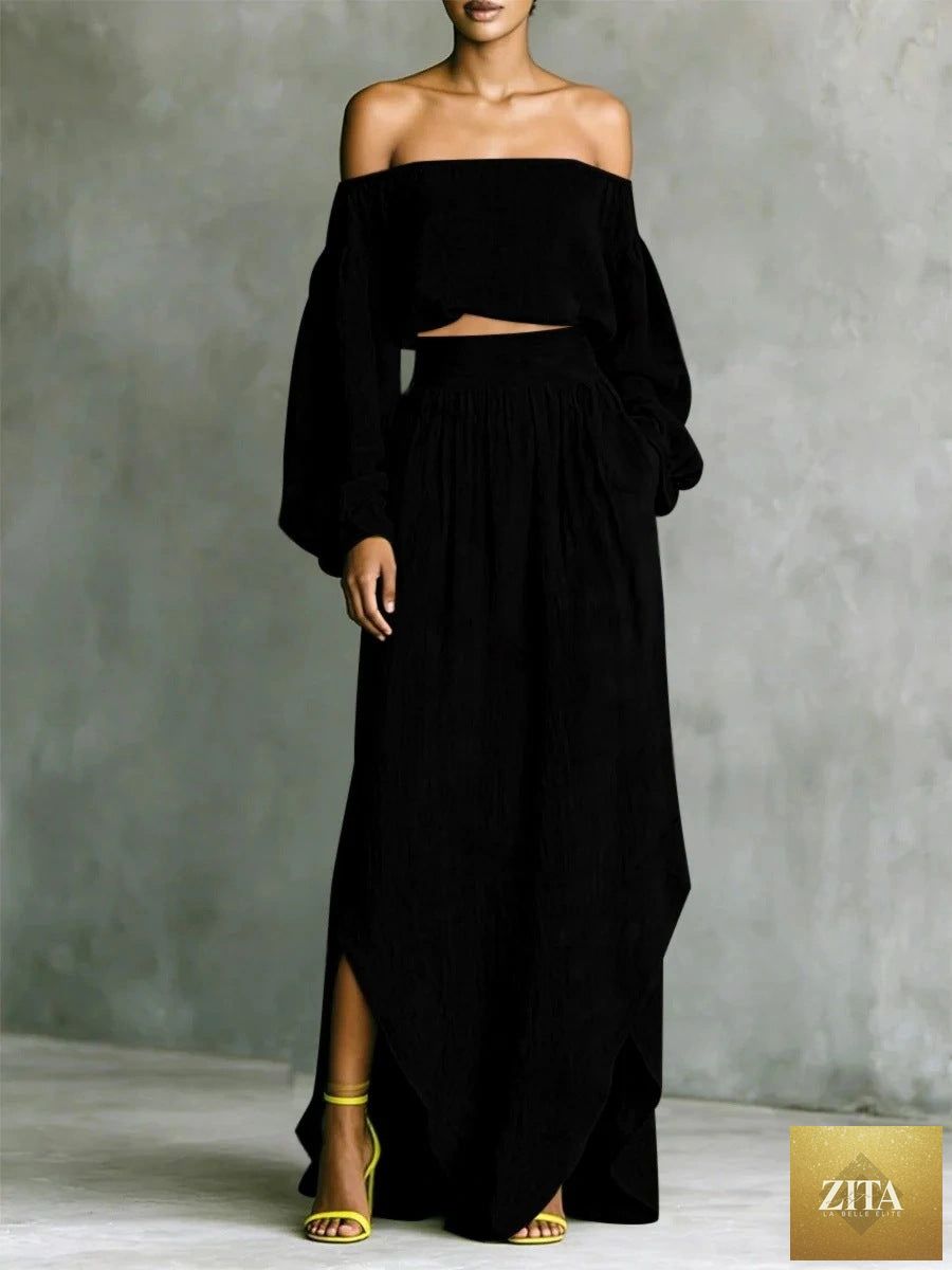 Zita La Belle Elite off-shoulder top and asymmetrical maxi skirt set for women, casualwear, stylish and comfortable 2-piece outfit