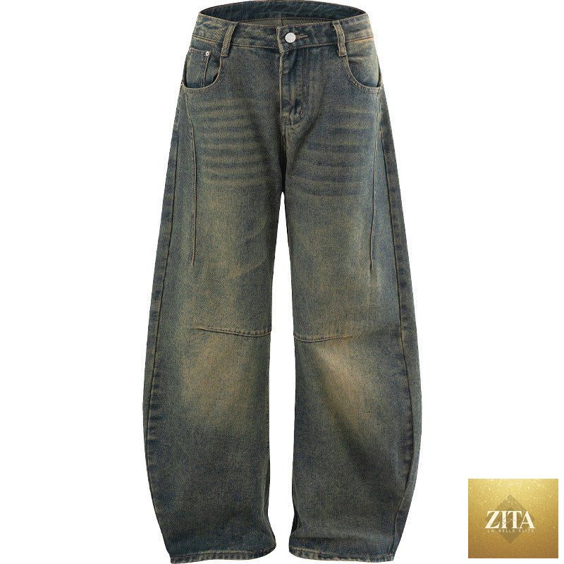Mandotos men's straight-leg denim jeans in classic blue, showcasing the versatile high-street style and fit.