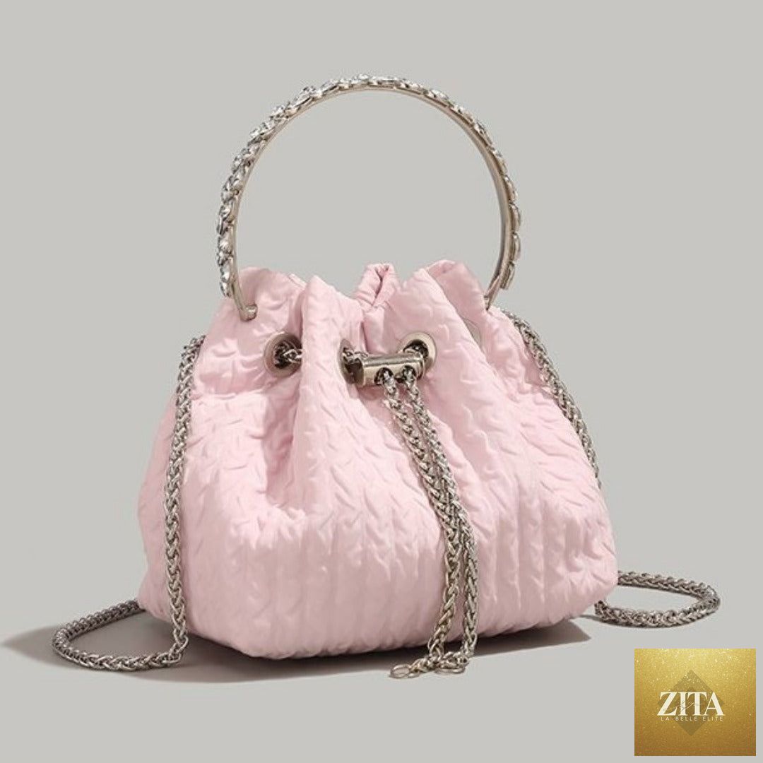 Nude rhinestone chain evening handbag for women, luxury drawstring bucket bag and clutch for parties and prom events.
