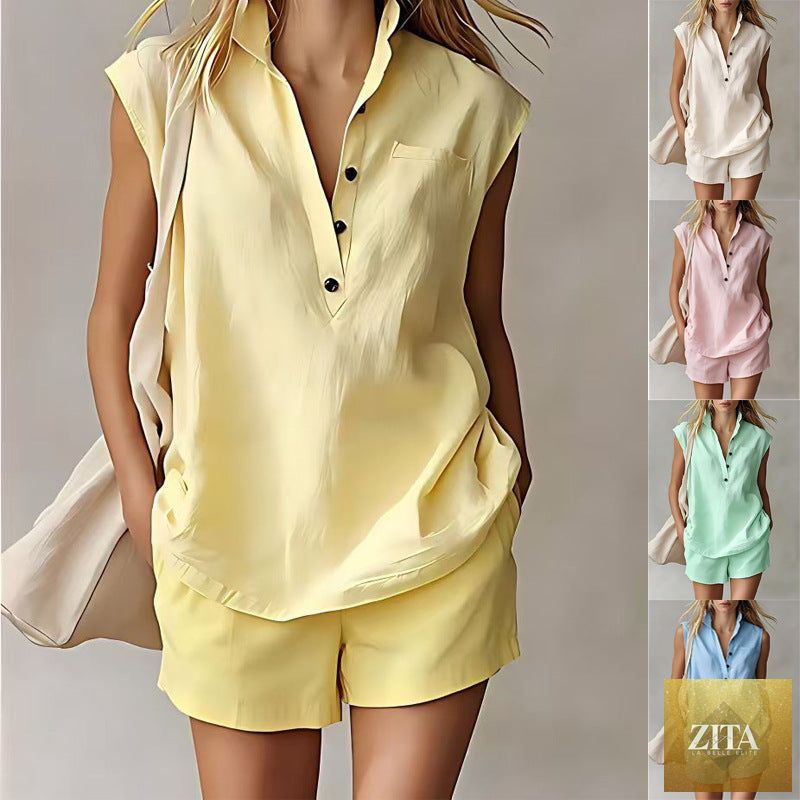 Zita La Belle Elite women's casual sleeveless cardigan top and matching shorts set, lightweight and stylish for warm weather.