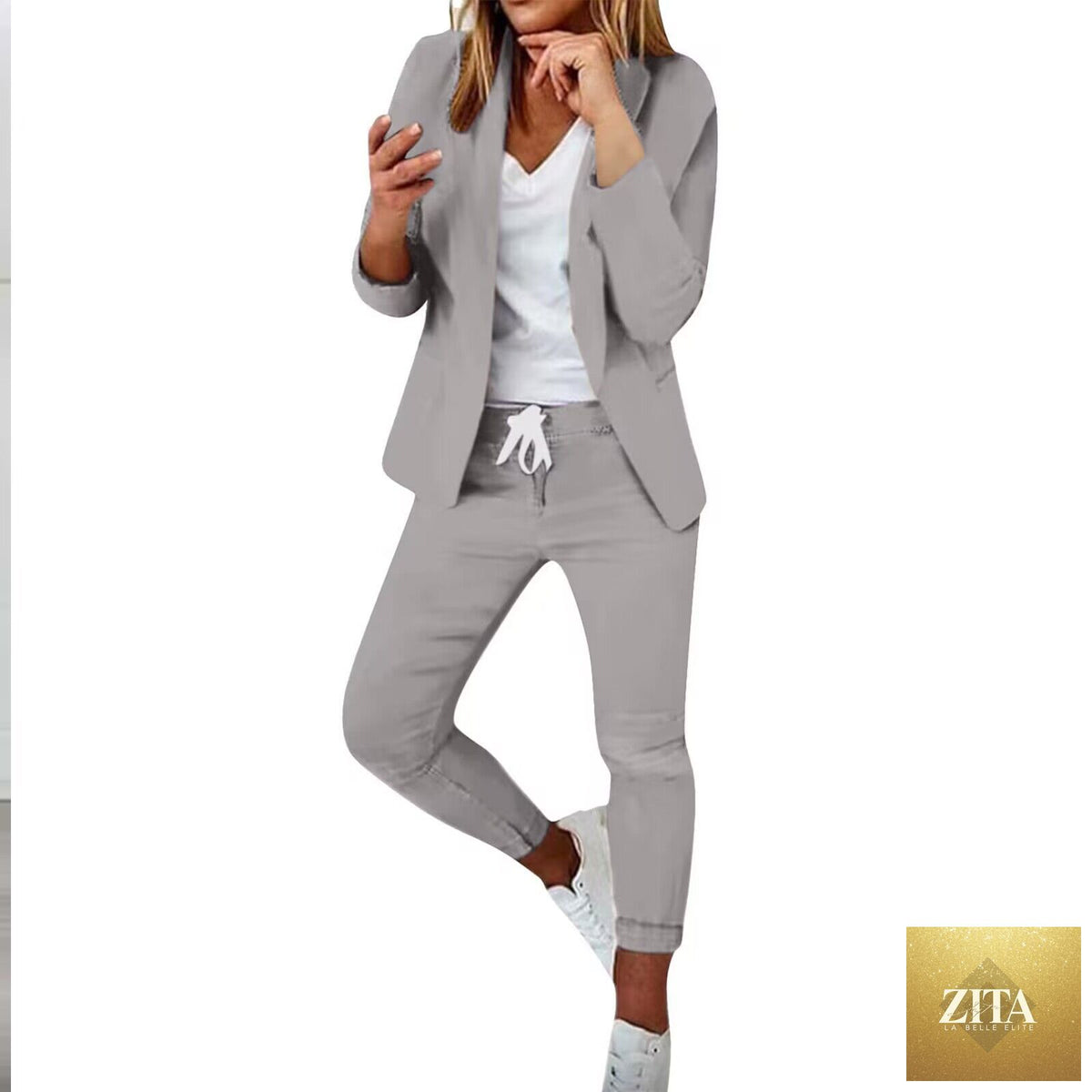 Women’s casual blazer and drawstring pants suit set by FitiqueFit, featuring notch-lapel blazer and comfortable matching pants.