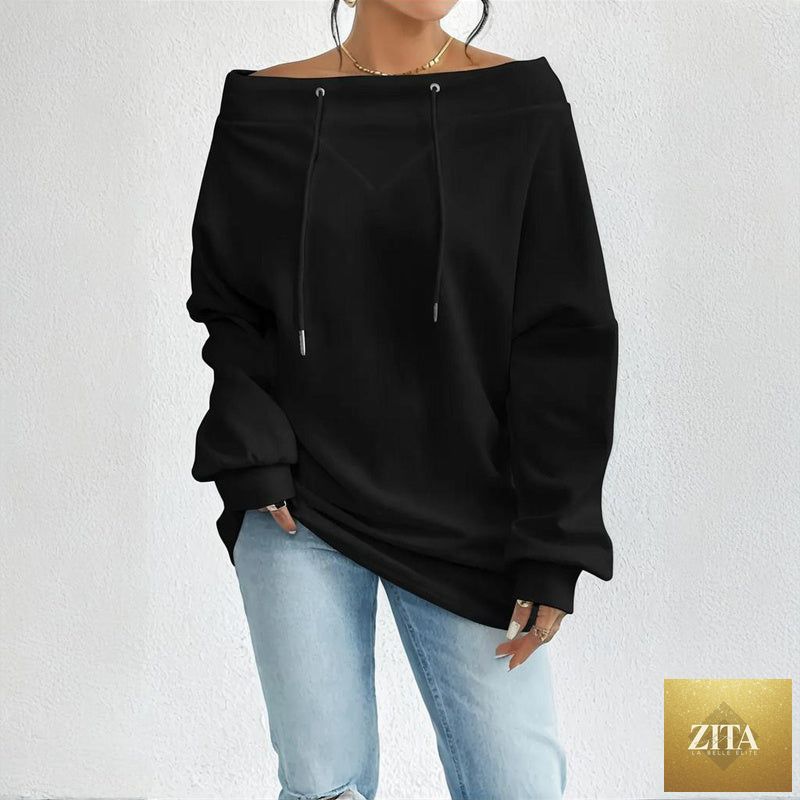 Plus size off-shoulder pullover in casualwear style from Zita La Belle Elite, shown in a relaxed fit with long sleeves and soft fabric.
