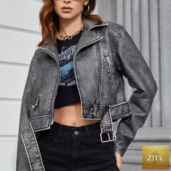 Women's washed leather motorcycle jacket with a worn leather finish, stylish leisure coat from LadyShow.Store.
