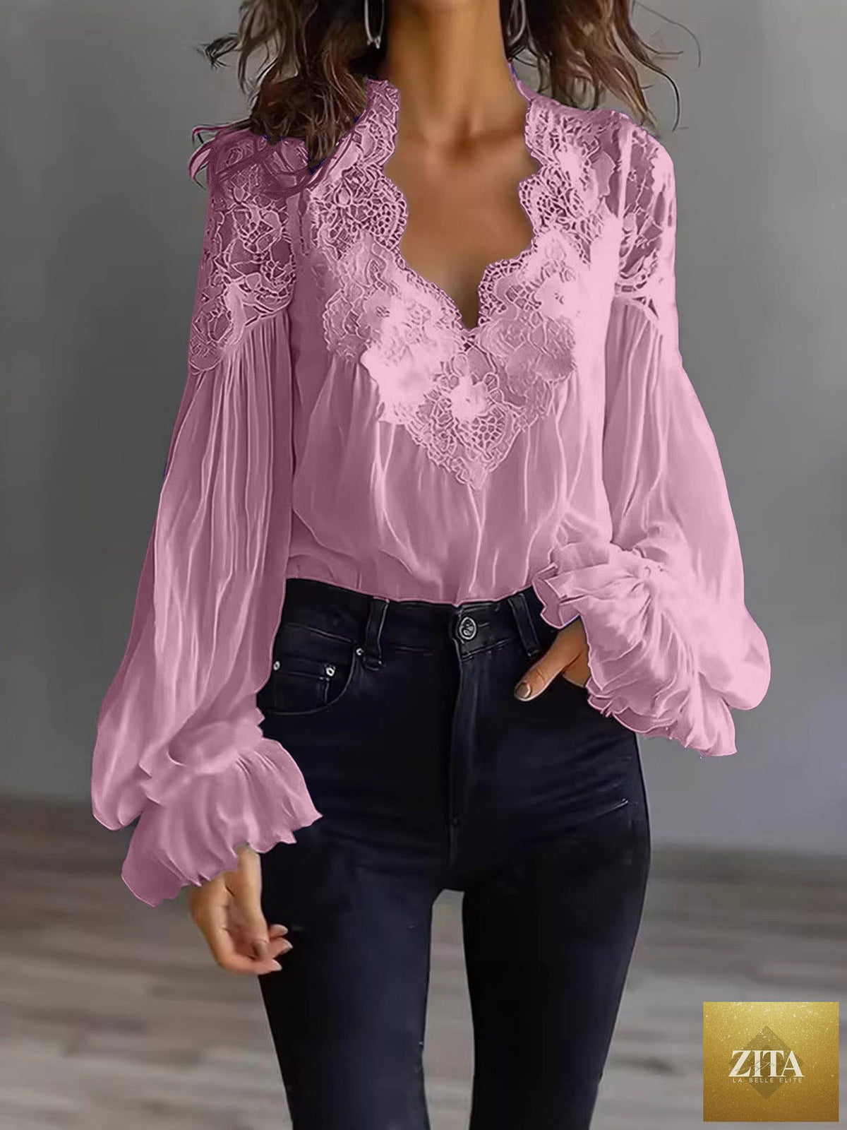 FitiqueFit lace-panel puff sleeve pleated ruffle ballet-style shirt, featuring delicate lace details and elegant design.