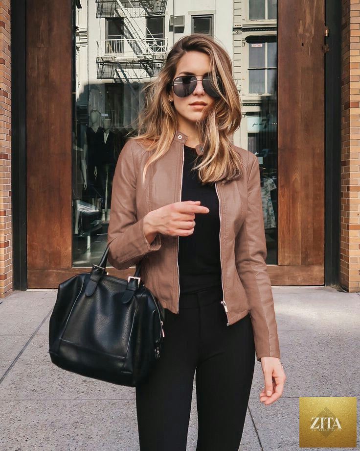 Women's fashion leather PU suit jacket in autumn and winter, stylish and warm, featuring a tailored fit and classic design.