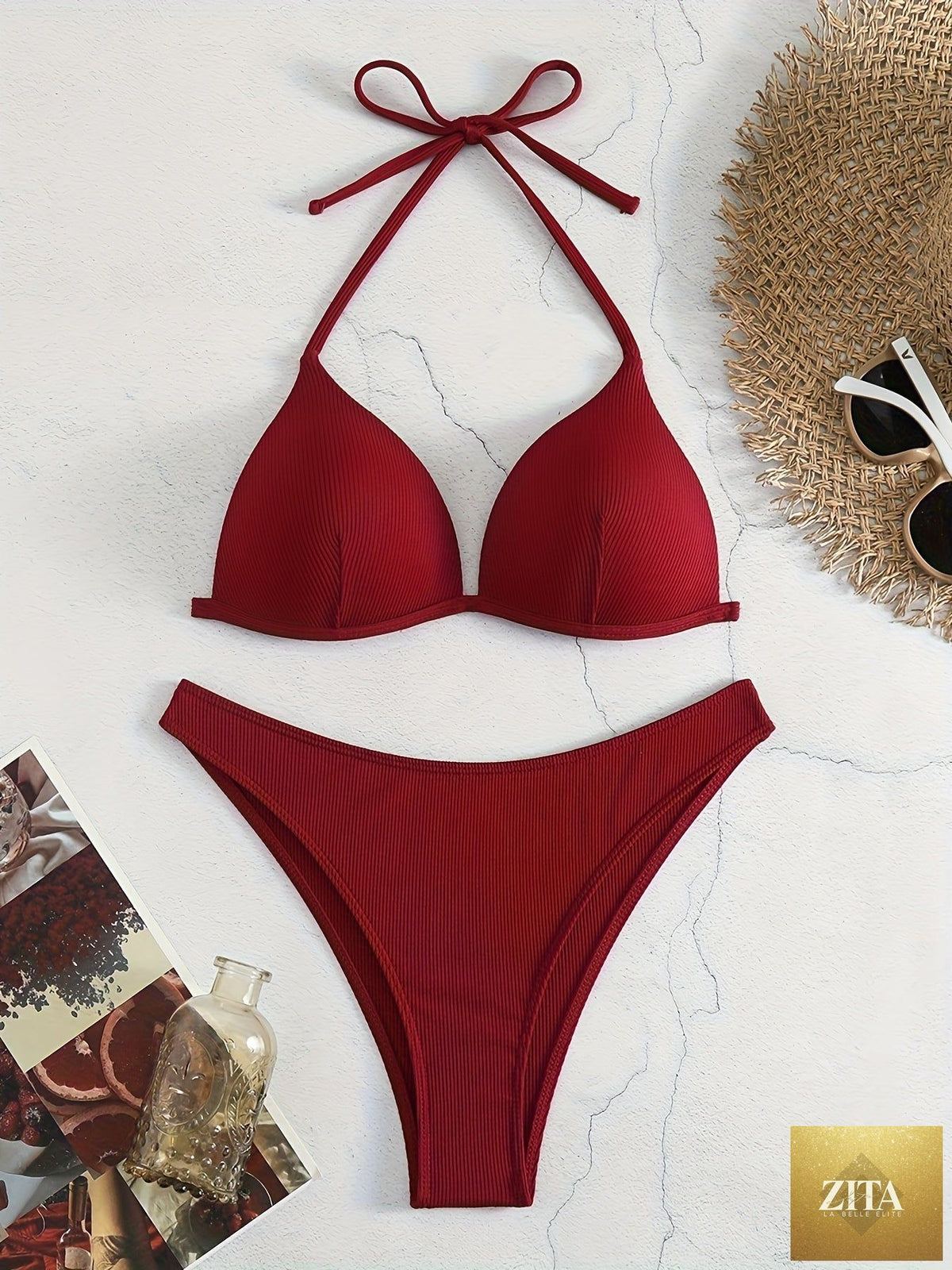 Stevvex rib knit solid color triangle bikini set for women with adjustable tie back halter top and spaghetti straps, perfect for summer beach.