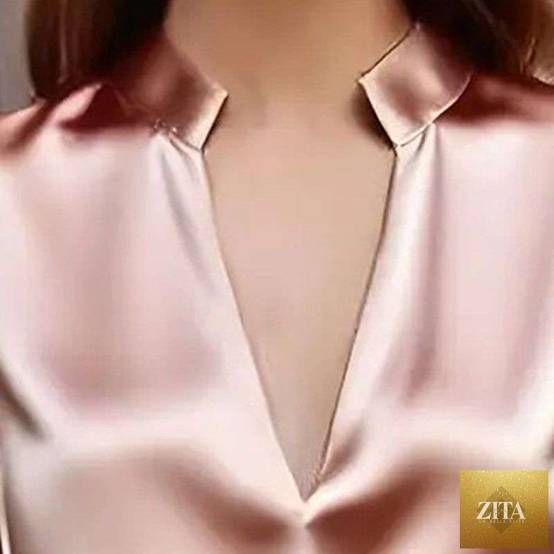 Women’s satin V-neck long sleeve blouse by FitiqueFit, featuring a slim fit, solid color, and elegant satin fabric.