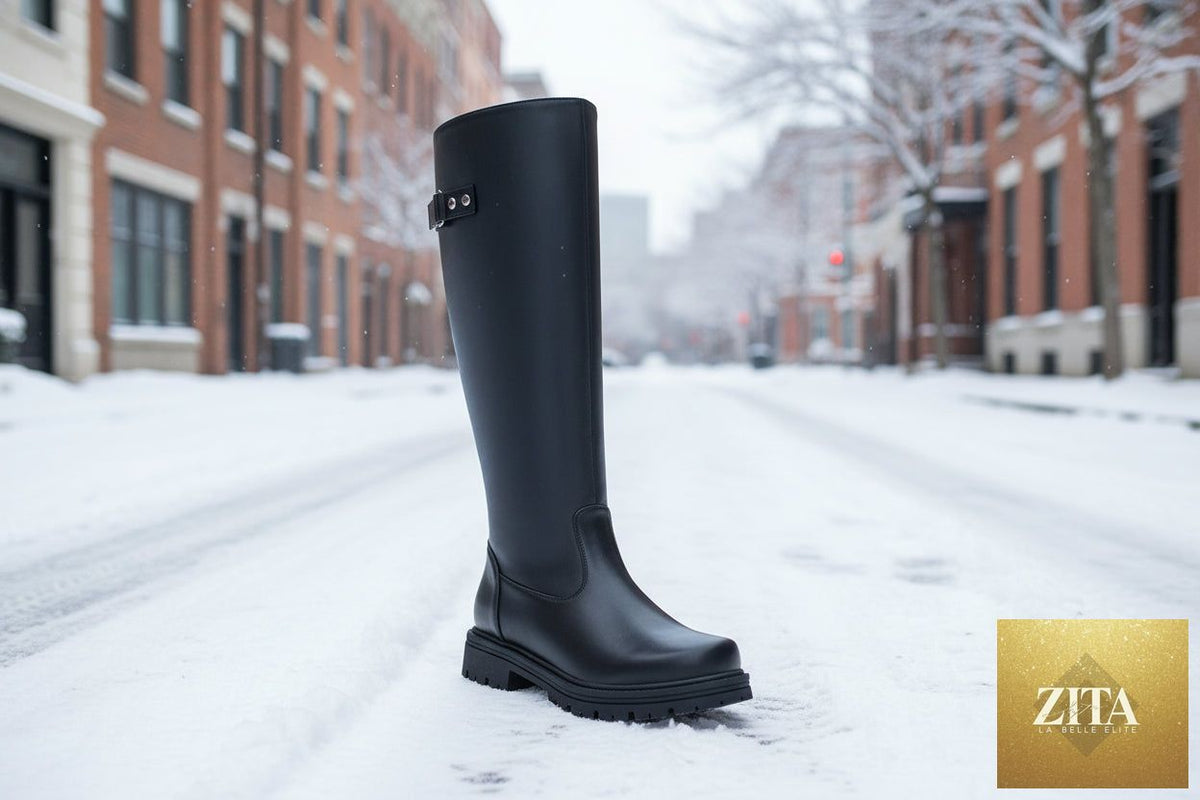 Women’s leather British-style riding boots with buckle detail by Zita La Belle Elite, featuring knee-high design and classic riding boot style.