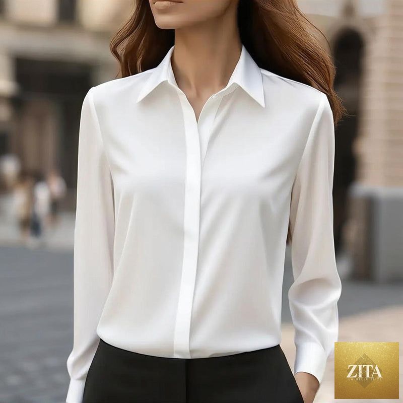 Loose fit satin blouse by FitiqueFit with V-neck and long sleeves, ideal for office or casual wear, shown on a model.