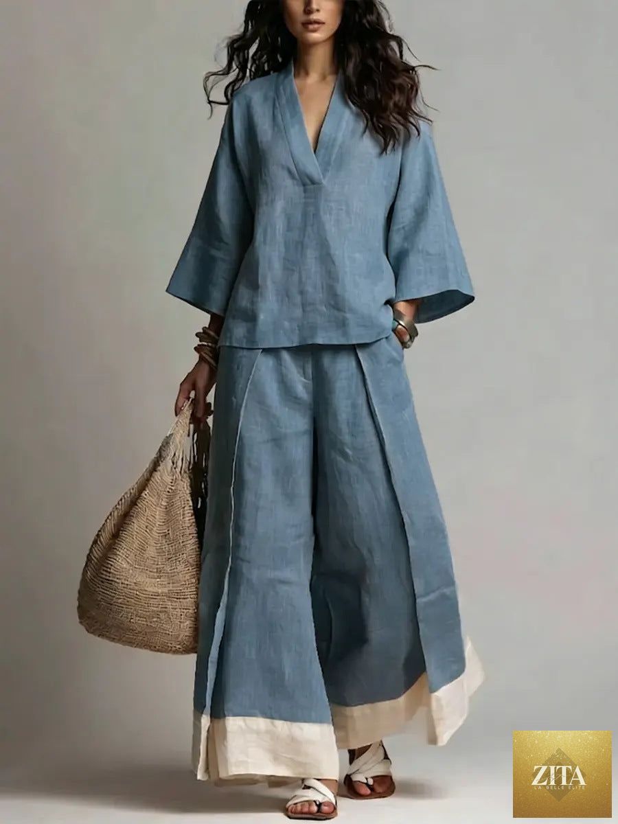 Women's cotton-linen V-neck shirt and wide-leg pants set by FitiqueFit, featuring a stylish V-neck top and comfortable wide-leg trousers.