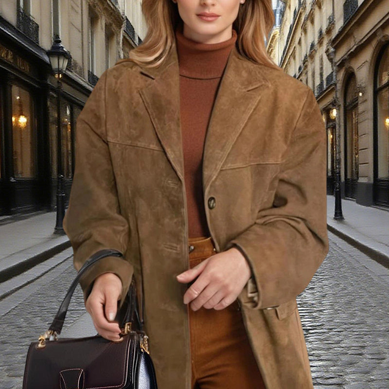 Brown suede-look blazer jacket with v-notch lapel and button-front, casual coat from FitiqueFit displayed on a hanger.