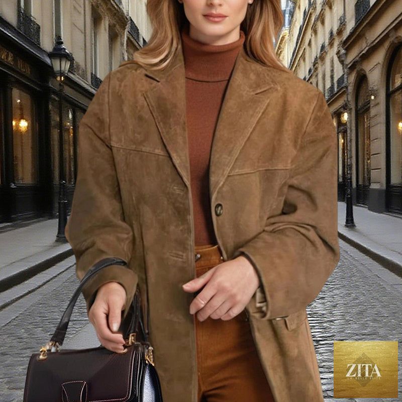 FitiqueFit suede-look blazer jacket with v-notch lapel and button-front, casual coat shown in a front view.