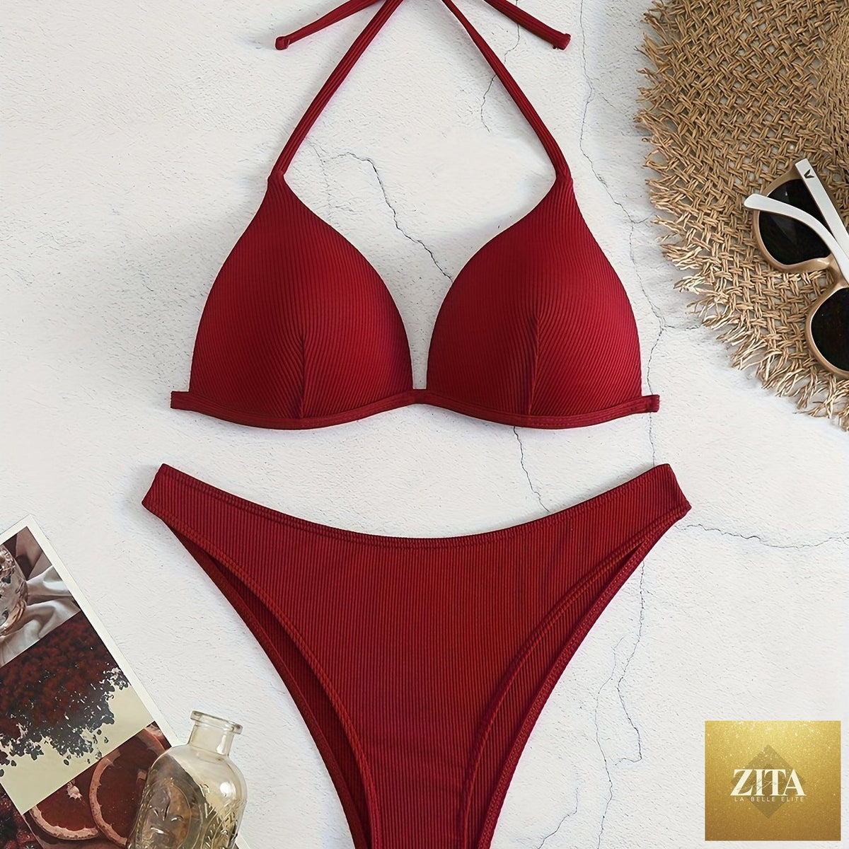 Stevvex rib knit solid color triangle bikini set for women with adjustable tie back halter and spaghetti straps, perfect for summer beach.