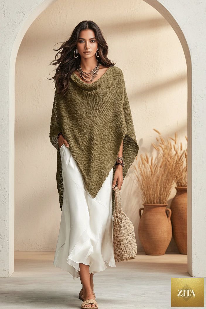 Women's Open-Knit Asymmetric Cape & Ruched V-Neck Fluid Maxi Dress Set