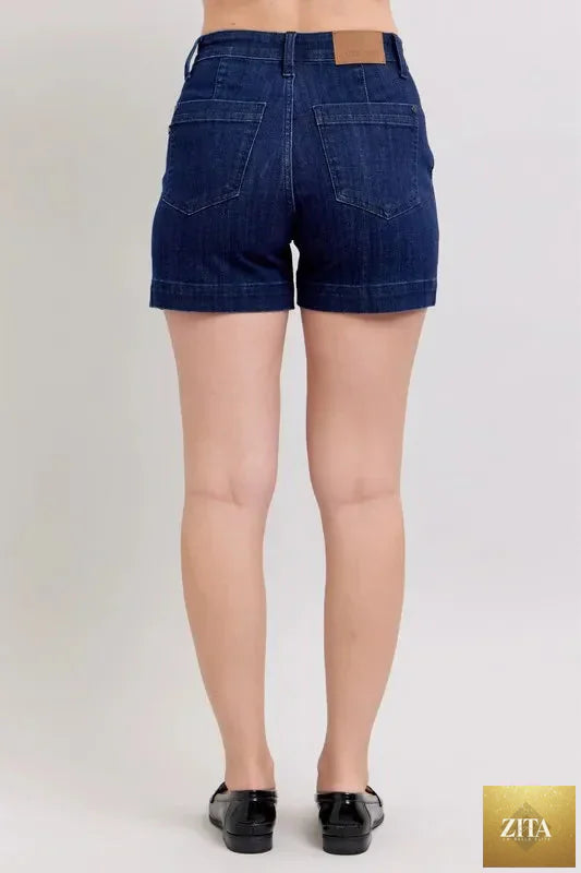 Plus size Judy Blue high waist denim shorts with a stylish fit, shown in a full view of the Wild and Free Boutique product image.
