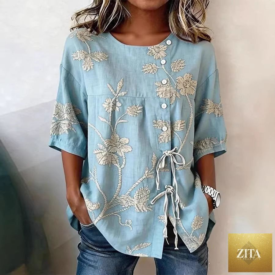 Women's floral 3D print pullover top by FitiqueFit, loose fit casualwear with elegant floral design in size S to 3XL.