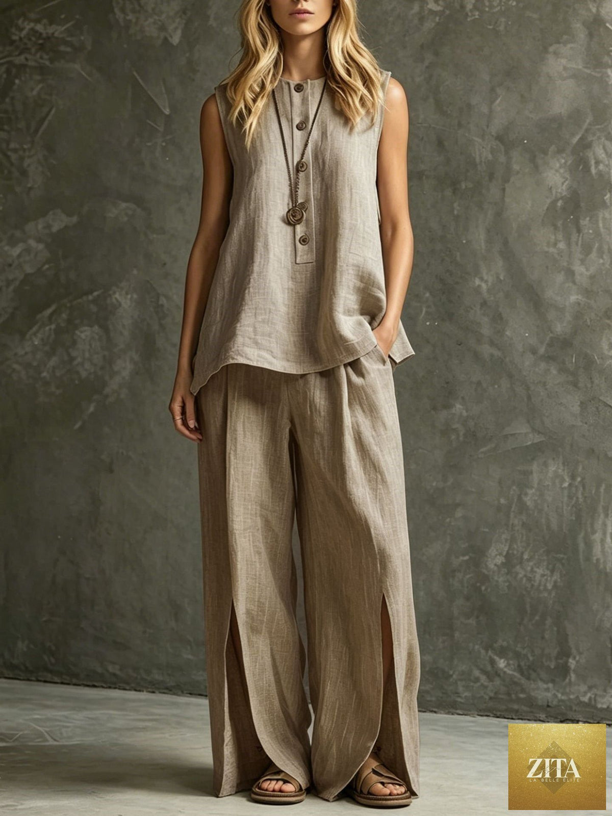 Zita La Belle Elite women's casual sleeveless tank top and slit wide-leg pants two-piece set, in light fabric, styled for comfort.