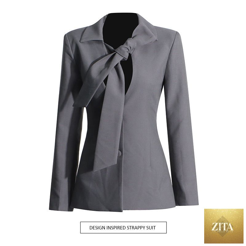 V-neck lace-up single-breasted women's blazer with tailored fit, stylish design, and versatile look.