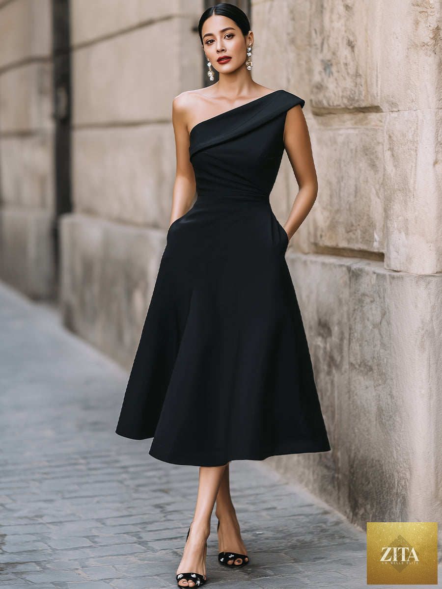 Women's off-shoulder swing dress by FitiqueFit, solid color flowy midi dress with a relaxed, feminine silhouette.