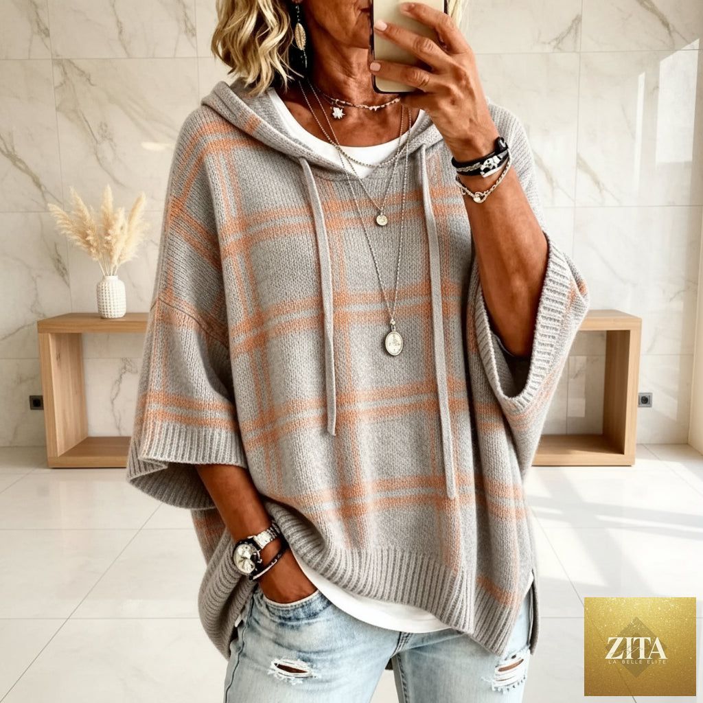 Plaid Knit Hooded Batwing Sweater