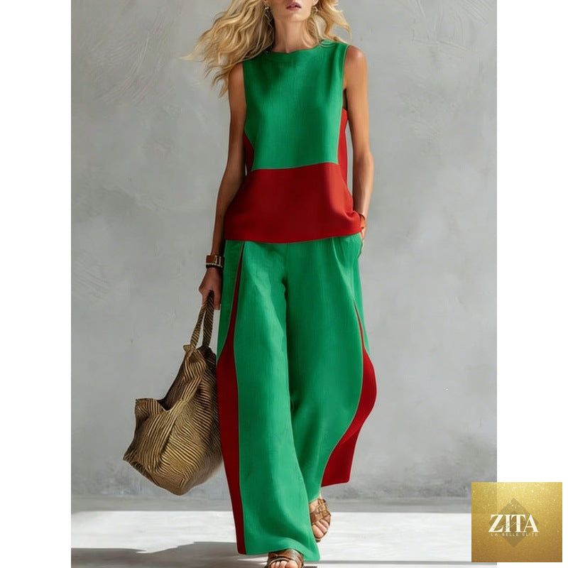 Printed retro sleeveless top and wide-leg pants set by MERIDGE, featuring vibrant 12-print design in size S to 5XL.