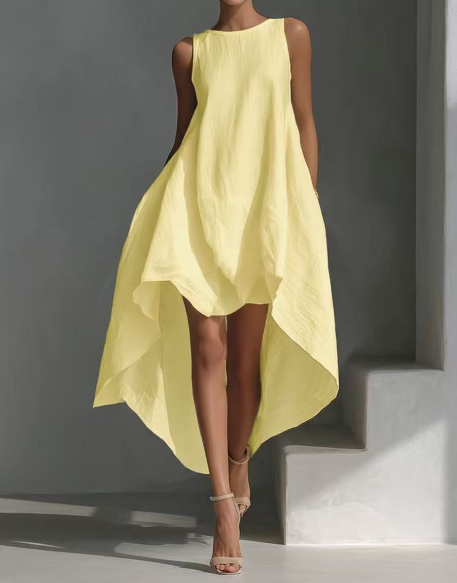 Women's sleeveless high-low linen blend summer dress with irregular hem by FitiqueFit, casualwear perfect for warm weather.