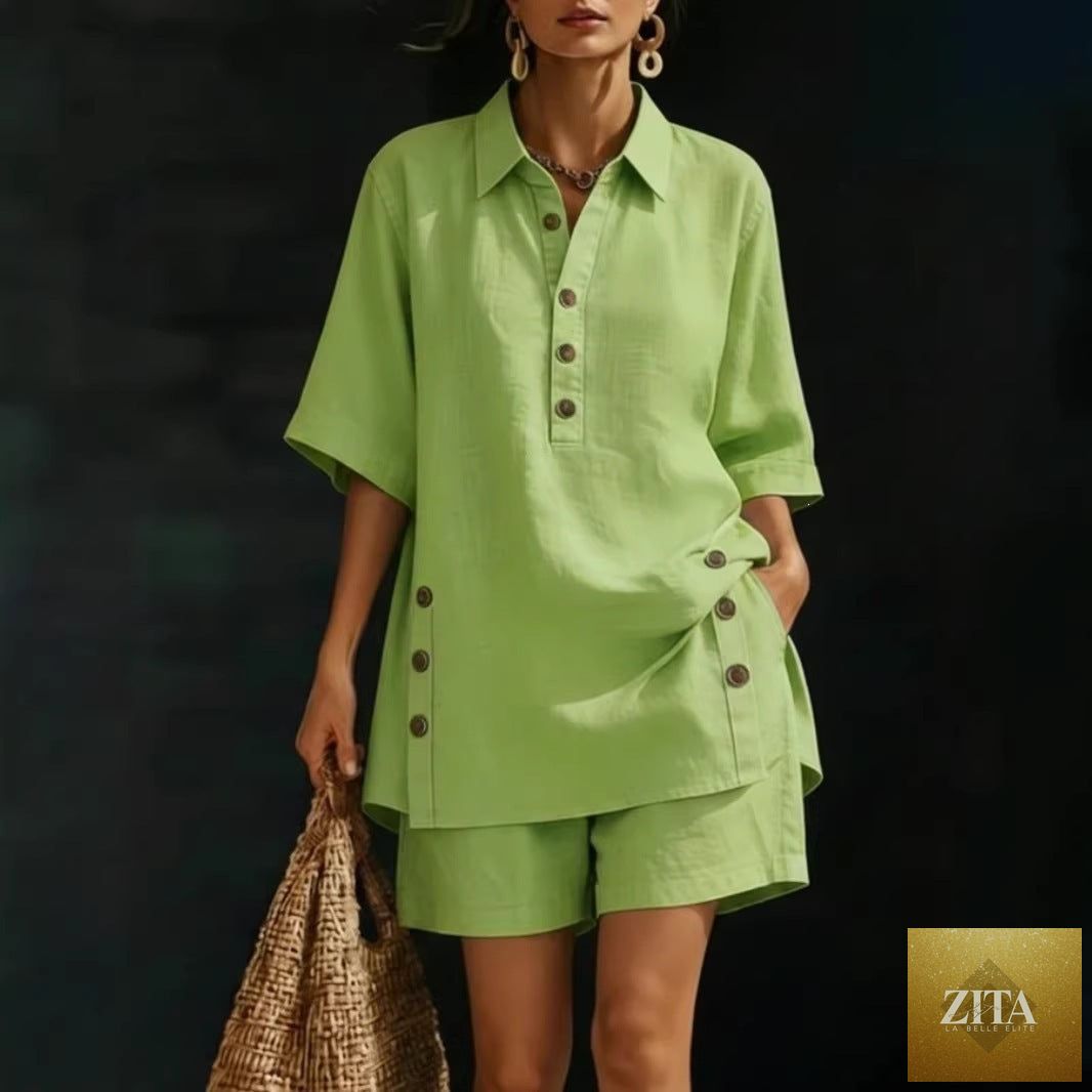Zita La Belle Elite casual two-piece set with short-sleeve shirt and loose pants in four colors, available in sizes S to 5XL.