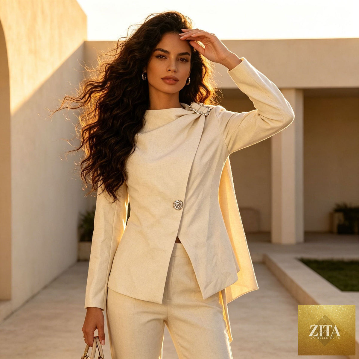Petite women's blazer with scarf collar, chic suit set featuring tailored blazer and matching pants, stylish and sophisticated.